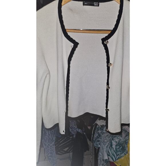 Dazy Women's White Cardigan With Black Trim and Decorative Buttons - Picture 1 of 3